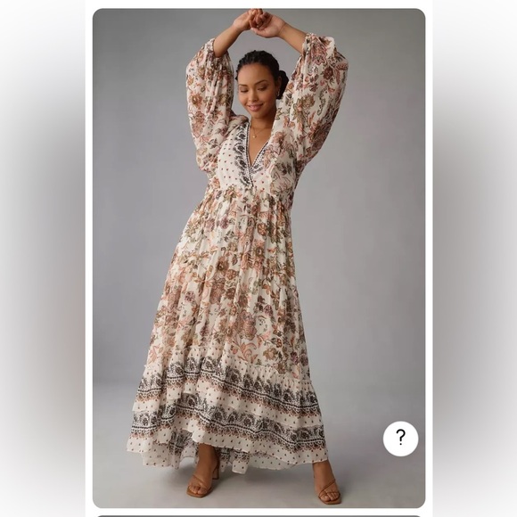 Anthropologie V Neck Long Sleeve Ivory Floral Tiered Maxi Dress (small) - Picture 3 of 15